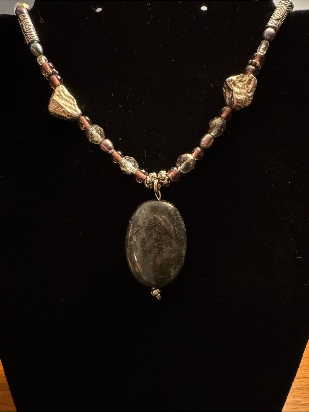 Artisan Natural Charcoal Stone Pendant Glass Beaded Necklace